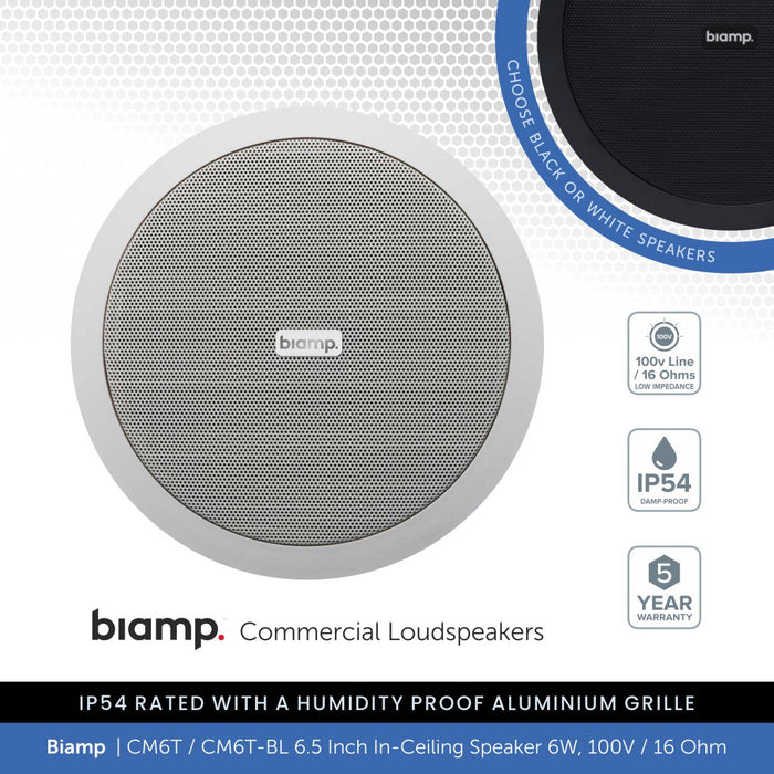 Biamp CM6T / CM6T-BL 6.5" Ceiling Speaker 6W, 100V/16 Ohm, IP54 Rated