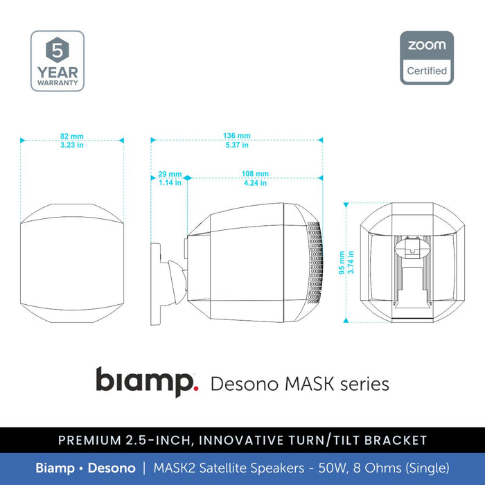 Biamp Desono MASK2-W / MASK2-BL 2.5" Satellite Speaker, 50W/8 Ohms (Single)