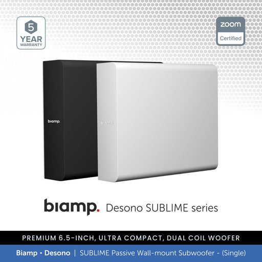 Two biamp Desono SUBLIME series subwoofers on a white background with branding and certification logos.