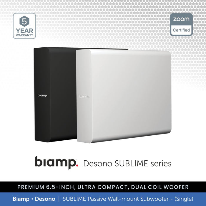 Two biamp Desono SUBLIME series subwoofers on a white background with branding and certification logos.