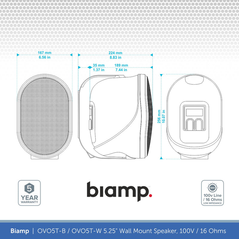 Biamp OVO5T-B / OVO5T-W 5.25" Wall Mount Speaker, 100V / 16 Ohms (Single)