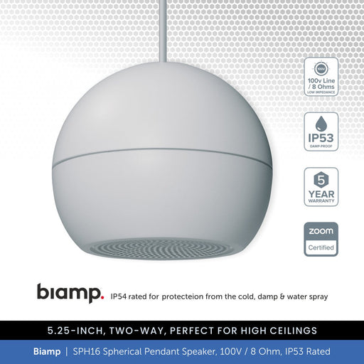Biamp SPH16 5.25" Spherical Pendant Speaker, 100V/8 Ohm, IP53 Rated