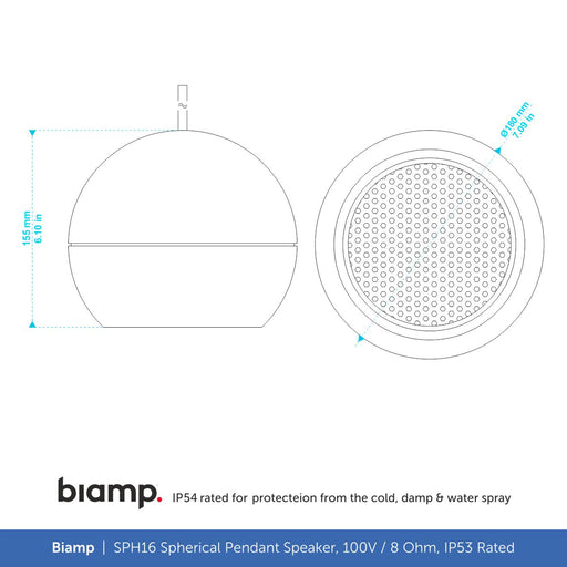 Biamp SPH16 5.25" Spherical Pendant Speaker, 100V/8 Ohm, IP53 Rated