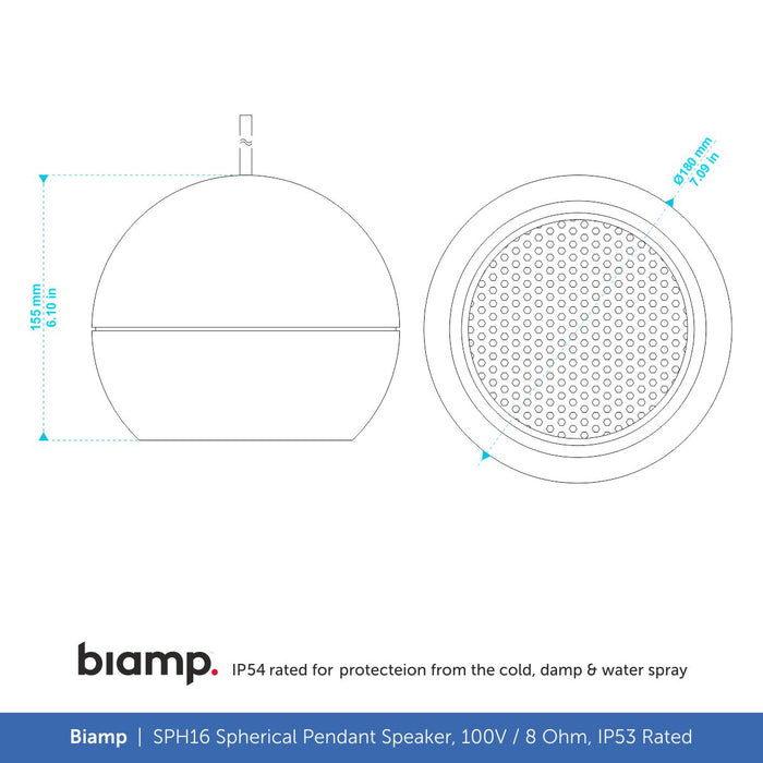 Biamp SPH16 5.25" Spherical Pendant Speaker, 100V/8 Ohm, IP53 Rated
