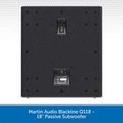 Martin Audio Blackline Q118 18-inch passive subwoofer rear view, featuring a black textured grille, terminal connectors, and mounting holes, shown against a white background with a blue text banner at the bottom.