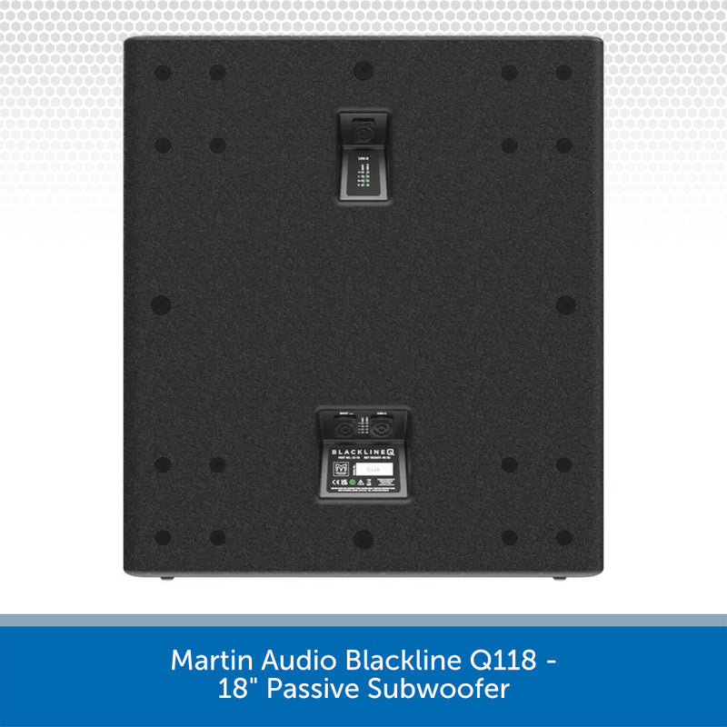 Martin Audio Blackline Q118 18-inch passive subwoofer rear view, featuring a black textured grille, terminal connectors, and mounting holes, shown against a white background with a blue text banner at the bottom.