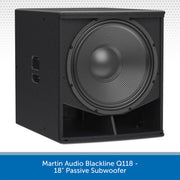 Martin Audio Blackline Q118 18-inch passive subwoofer shown at a three-quarter angle, featuring a large black woofer cone and black cabinet, set against a white background with a blue text banner at the bottom.