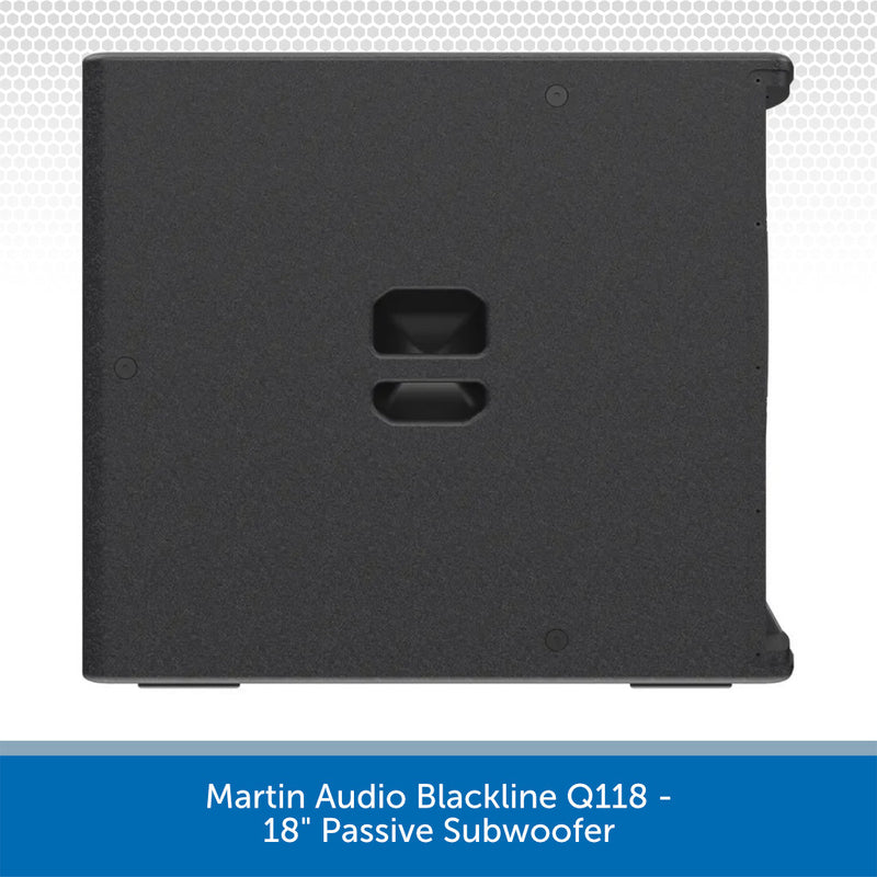 Martin Audio Blackline Q118 18" Passive Subwoofer shown from the rear, featuring a textured black enclosure and a central port opening, set against a white background with a blue text banner at the bottom.