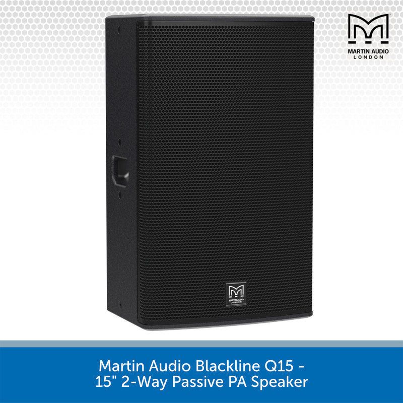 Martin Audio Blackline Q15 15" 2-Way Passive PA Speaker in black, shown from a three-quarter angle on a white background with a blue text banner at the bottom.