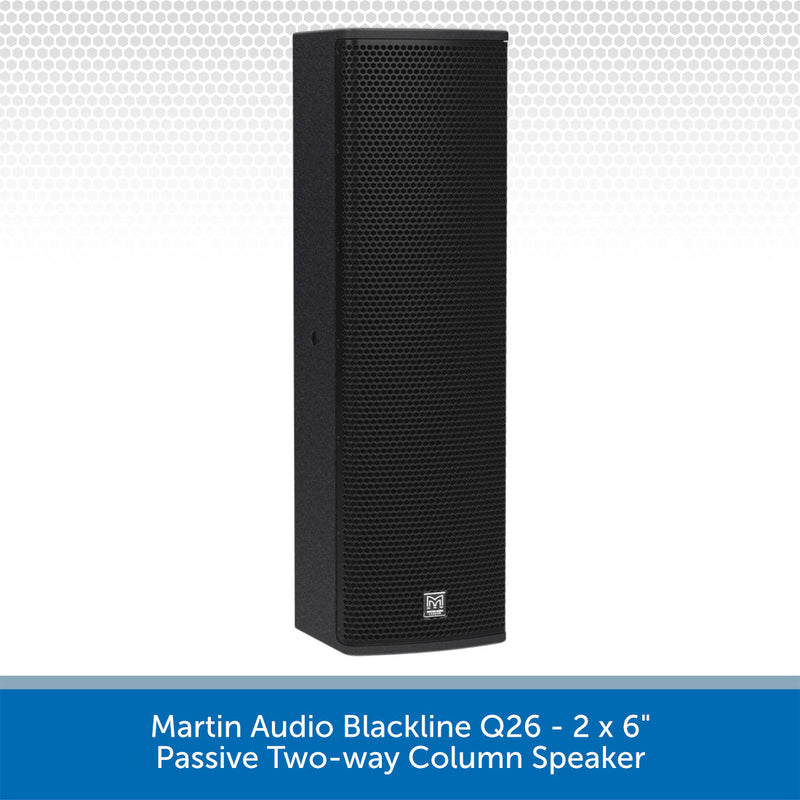 Martin Audio Blackline Q26 passive two-way column speaker in black, shown against a white background with a blue text banner at the bottom.