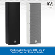 Two Martin Audio Blackline Q26 passive two-way column speakers shown side by side, one in black and one in white, on a light gray patterned background with a blue banner at the bottom containing product text.