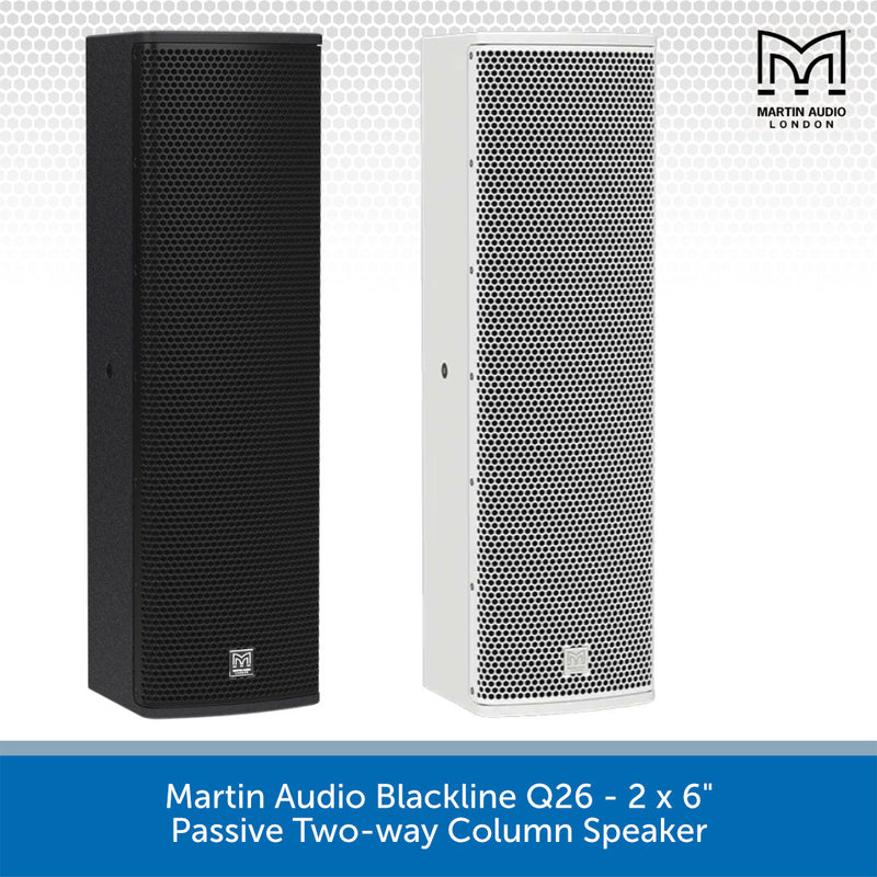 Two Martin Audio Blackline Q26 passive two-way column speakers shown side by side, one in black and one in white, on a light gray patterned background with a blue banner at the bottom containing product text.