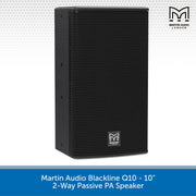 Martin Audio Blackline Q10 10-inch 2-way passive PA speaker, shown from a three-quarter angle against a white background with a gray patterned header and a blue text banner at the bottom.