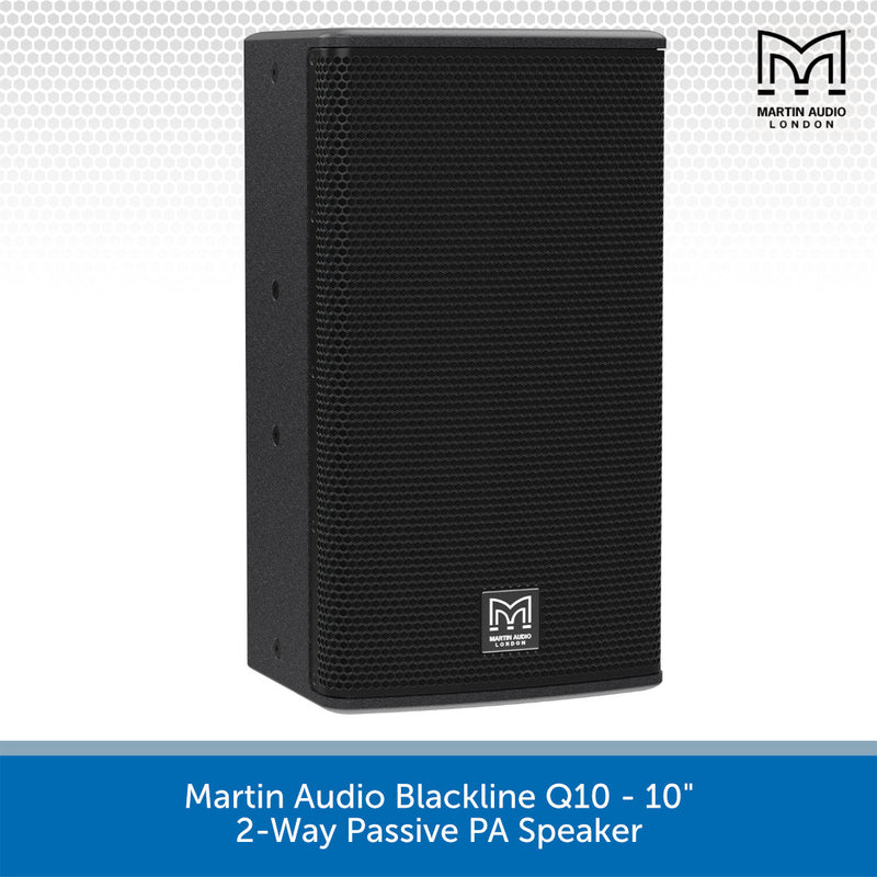 Martin Audio Blackline Q10 10-inch 2-way passive PA speaker, shown from a three-quarter angle against a white background with a gray patterned header and a blue text banner at the bottom.