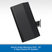 Martin Audio Blackline Q10 10-inch 2-way passive PA speaker shown at an angle with its wall mount bracket, set against a white background with a blue text banner at the bottom.