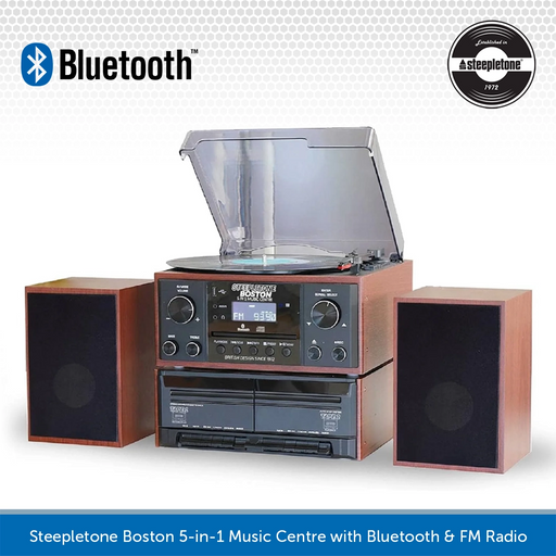 Steepletone Boston 5-in-1 Music Centre, Bluetooth Record Player, CD, Cassette, FM Radio, Aux In