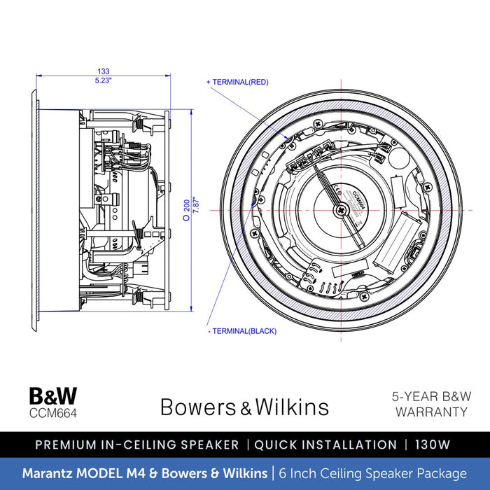 Technical diagram of a Bowers & Wilkins ceiling speaker with dimensions and branding.