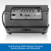 A rear view of a black NUX Busking 200FR battery-powered speaker with Bluetooth, showing its control panel, jacks, and handles on a white background with a blue text banner at the bottom.