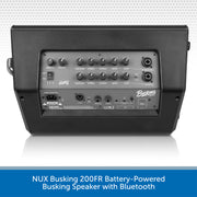 Black Busking NUX 200FR battery-powered busking speaker with Bluetooth, showing the rear panel with various input and output jacks and knobs, set against a white background with a blue text banner at the bottom.