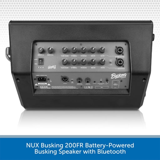 Black Busking NUX 200FR battery-powered busking speaker with Bluetooth, showing the rear panel with various input and output jacks and knobs, set against a white background with a blue text banner at the bottom.