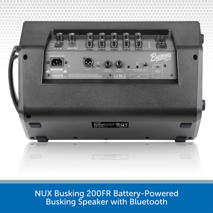 A rear view of a black NUX Busking 200FR battery-powered speaker with Bluetooth, showing its control panel, jacks, and handles on a white background with a blue text banner at the bottom.
