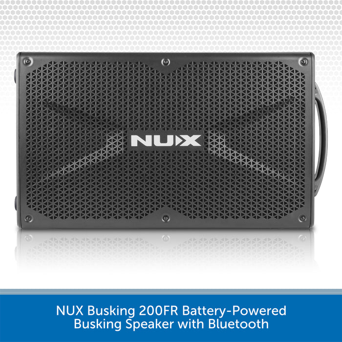 A black NUX busking speaker with a honeycomb grille and a silver NUX logo, shown against a light gray patterned background with a blue text banner at the bottom.