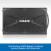 A black NUX busking speaker with a honeycomb grille and a silver NUX logo, shown against a light gray patterned background with a blue text banner at the bottom.
