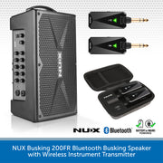 A NUX Bluetooth busking speaker in black, shown alongside its wireless instrument transmitter and carrying case on a white background with a blue banner at the bottom.