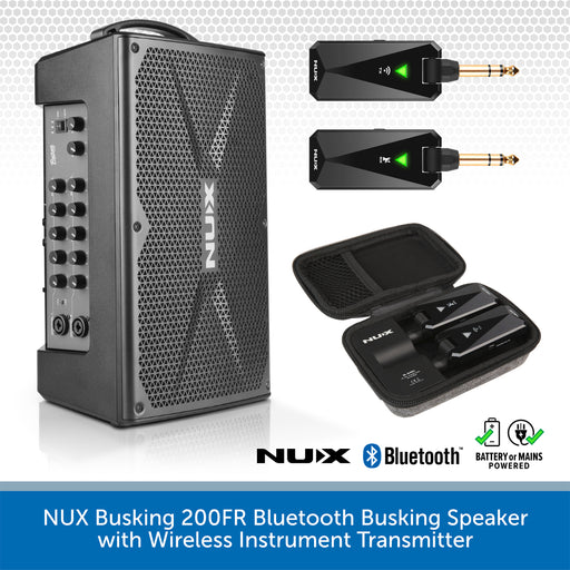 A NUX Bluetooth busking speaker in black, shown alongside its wireless instrument transmitter and carrying case on a white background with a blue banner at the bottom.