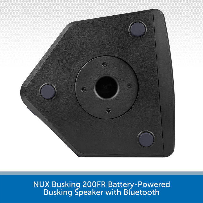 A black triangular battery-powered busking speaker with a central circular opening and three small round feet, shown on a white background with a blue text banner at the bottom.