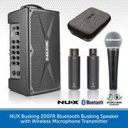 NUX Busking 200FR Bluetooth busking speaker set with wireless microphone transmitter, including a black portable speaker, gray carrying case, two wireless microphones, and two battery packs on a white patterned background with a blue banner at the bottom.