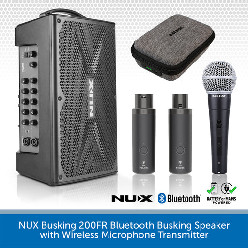 NUX Busking 200FR Bluetooth busking speaker set with wireless microphone transmitter, including a black portable speaker, gray carrying case, two wireless microphones, and two battery packs on a white patterned background with a blue banner at the bottom.