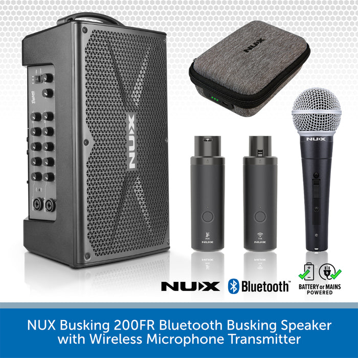 NUX Busking 200FR Bluetooth busking speaker set with wireless microphone transmitter, including a black portable speaker, gray carrying case, two wireless microphones, and two battery packs on a white patterned background with a blue banner at the bottom.