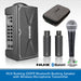 NUX Busking 200FR Bluetooth busking speaker set with wireless microphone transmitter, including a black portable speaker, gray carrying case, two wireless microphones, and two battery packs on a white patterned background with a blue banner at the bottom.