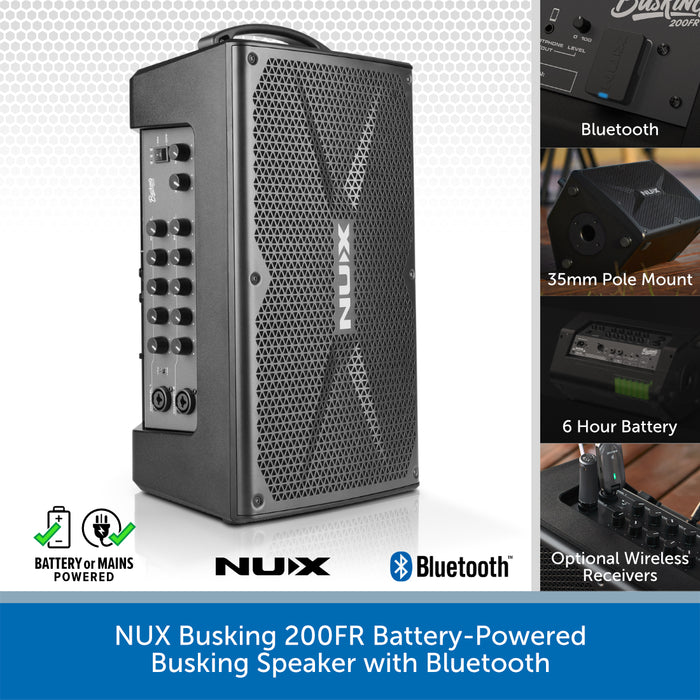 NUX Busking 200FR battery-powered busking speaker with Bluetooth, shown in a black metal mesh design with control knobs on the side. The image includes feature callouts on the right and logos at the bottom.