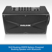 A black NUX Busking 200FR battery-powered busking speaker with Bluetooth, shown from a front three-quarter angle on a white background with a blue text banner at the bottom.