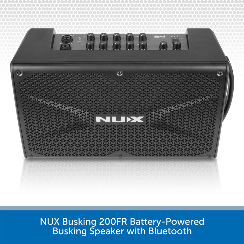 A black NUX Busking 200FR battery-powered busking speaker with Bluetooth, shown from a front three-quarter angle on a white background with a blue text banner at the bottom.
