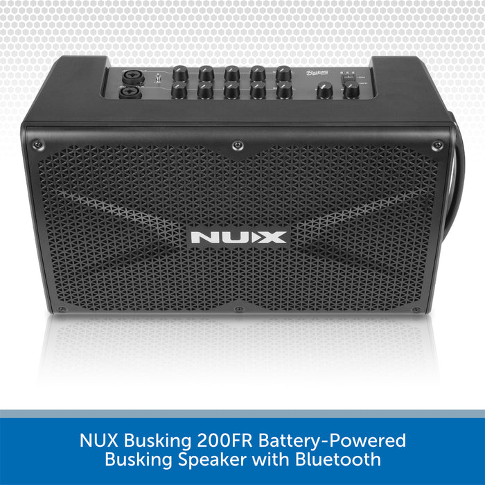 A black NUX Busking 200FR battery-powered busking speaker with Bluetooth, shown from a front three-quarter angle on a white background with a blue text banner at the bottom.