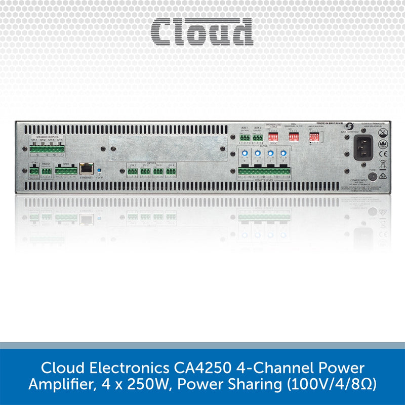 Cloud Electronics CA4250 4-Channel Power Amplifier, 4 x 250W, Power Sharing (100V/4/8Ω)