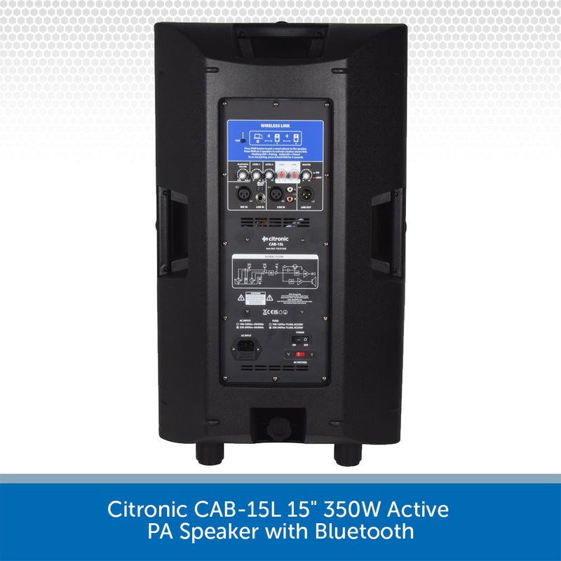 2 x Citronic CAB-15L 15" 350W Active Speakers with Bluetooth & PA Stands