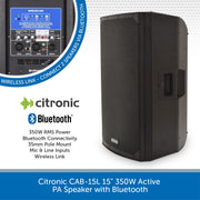 2 x Citronic CAB-15L 15" 350W Active Speakers with Bluetooth & PA Stands