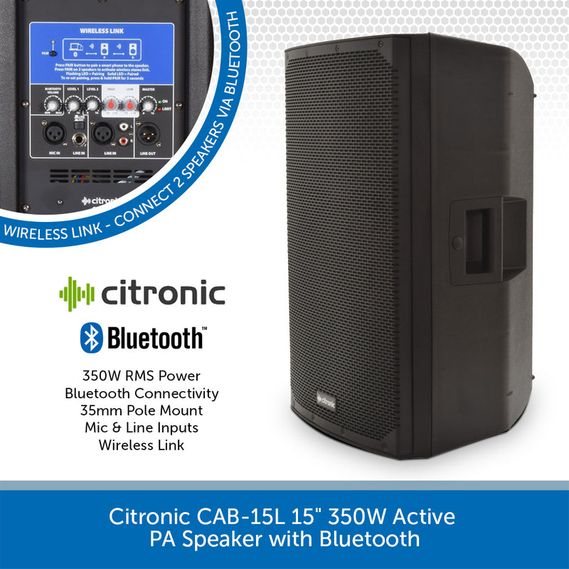 2 x Citronic CAB-15L 15" 350W Active Speakers with Bluetooth & PA Stands