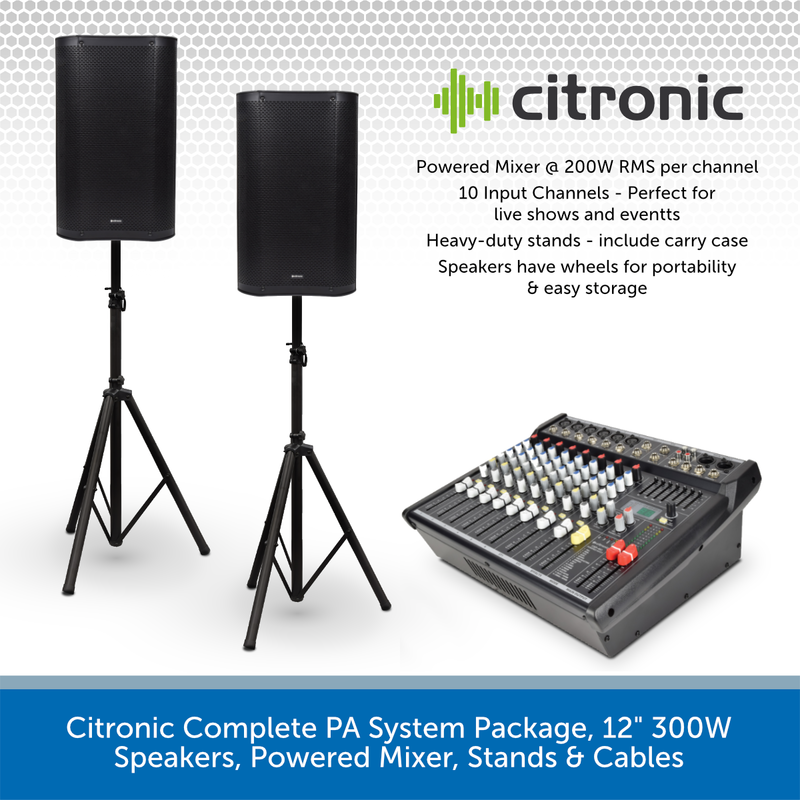 Citronic Complete PA System Package, 12" 300W Speakers, Powered Mixer, Stands & Cables