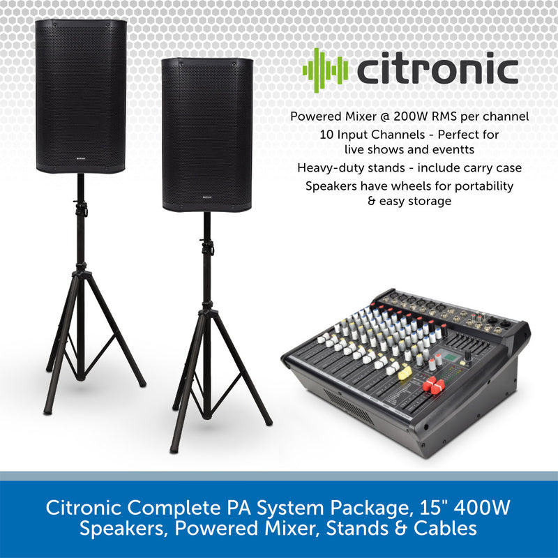 Citronic Complete PA System Package, 15" 400W Speakers, Powered Mixer, Stands & Cables
