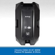Citronic Complete PA System Package, 15" 400W Speakers, Powered Mixer, Stands & Cables