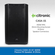 Citronic Complete PA System Package, 15" 400W Speakers, Powered Mixer, Stands & Cables