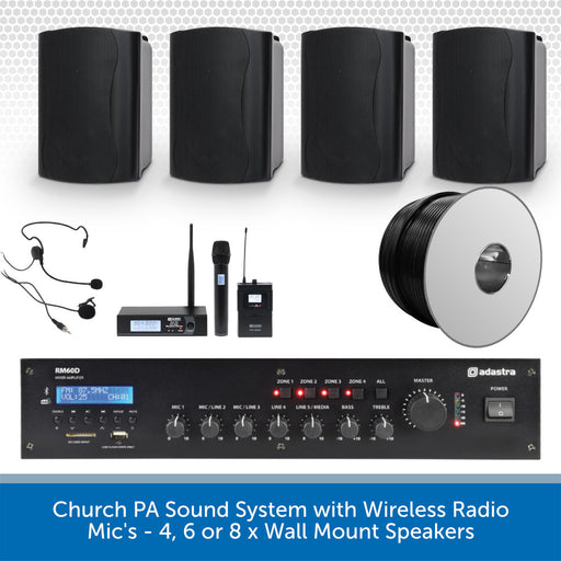 Church PA sound system with speakers, wireless radio mic, and amplifier on a white background.