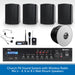Church PA sound system with speakers, wireless radio mic, and amplifier on a white background.