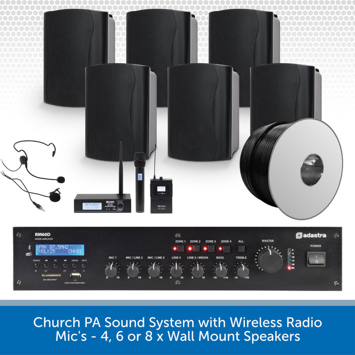 Church PA sound system with wireless radio, microphones, and wall mount speakers on a white background.