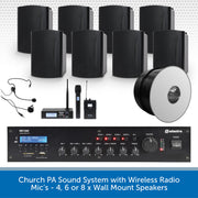 Church PA sound system with wireless radio mic, wall mount speakers, and amplifier on a white background.